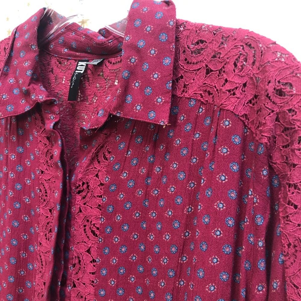 KUT from the Kloth Womens Top Size S Natalie Lace Trim Print Button Front - Picture 6 of 8